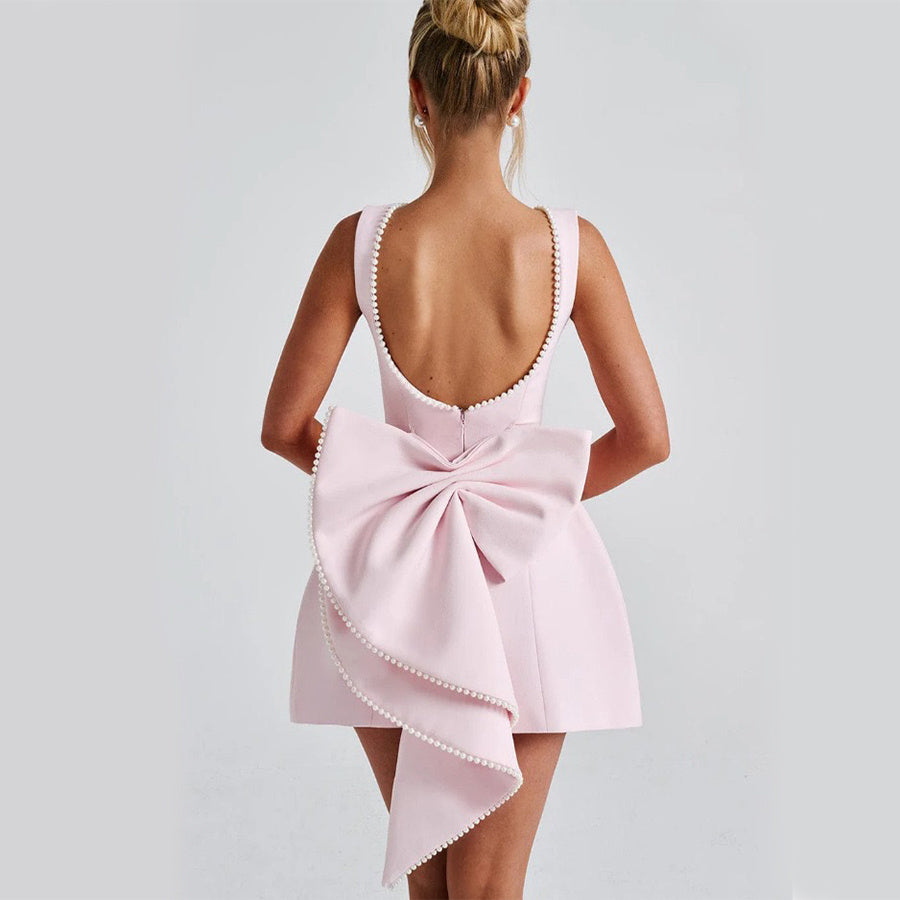 Pearl Kissed Party Dress – Backless A-Line Bow Dress