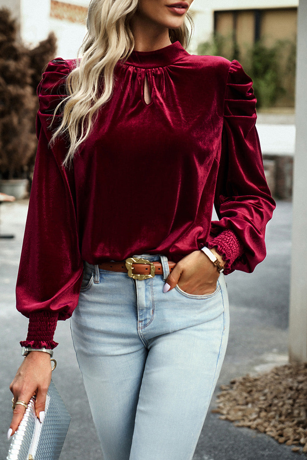 Velvet Moon Blouse – Navy Puff Sleeve Mock Neck Top