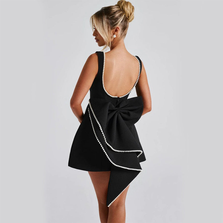 Pearl Kissed Party Dress – Backless A-Line Bow Dress