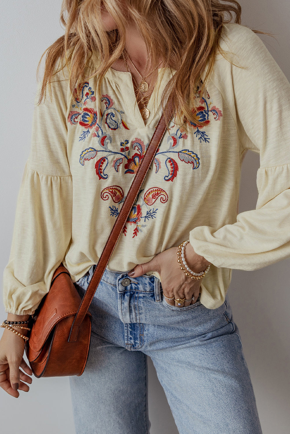 Desert Bloom Blouse – Apricot Paisley Embroidered V-Neck Top