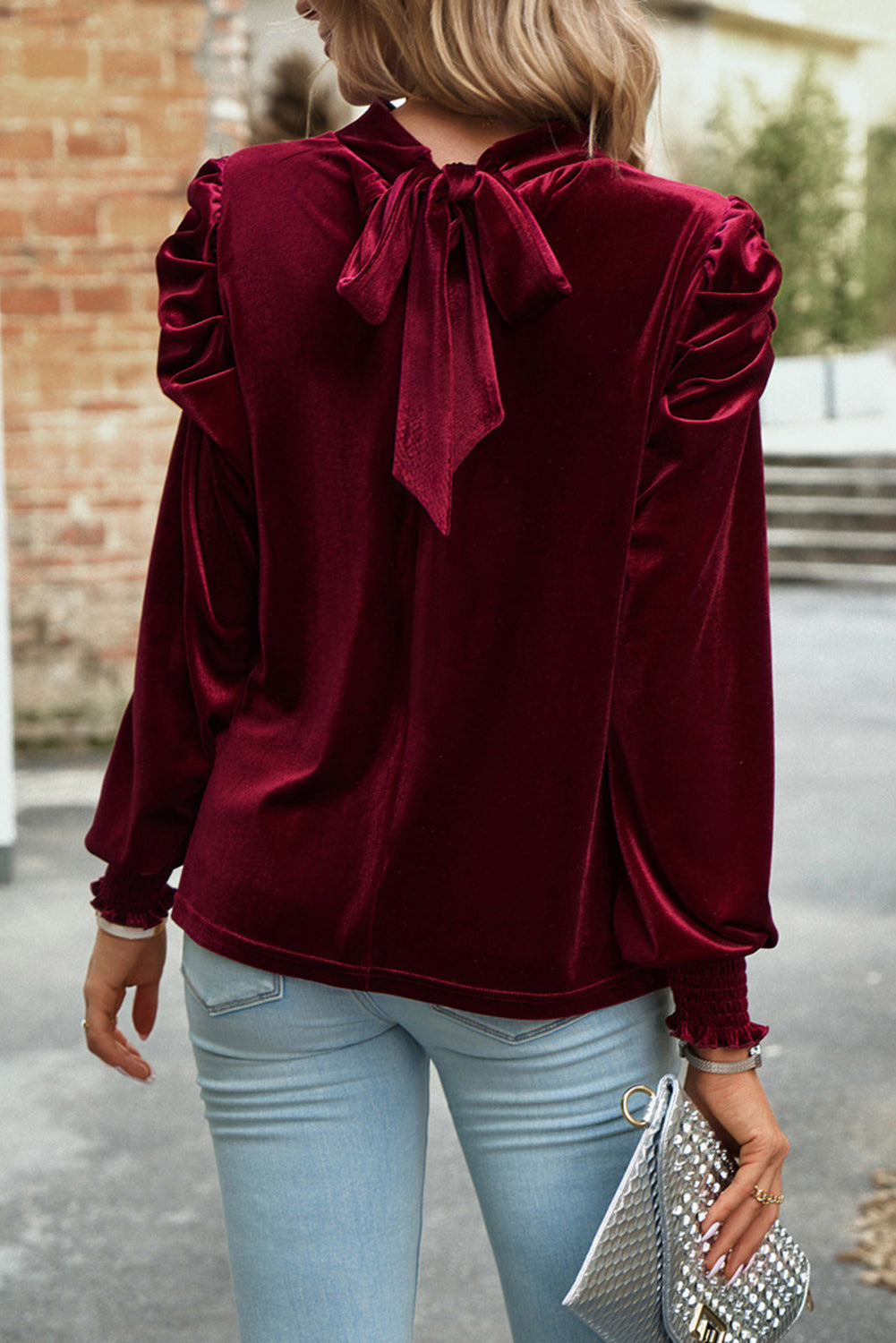 Velvet Moon Blouse – Navy Puff Sleeve Mock Neck Top