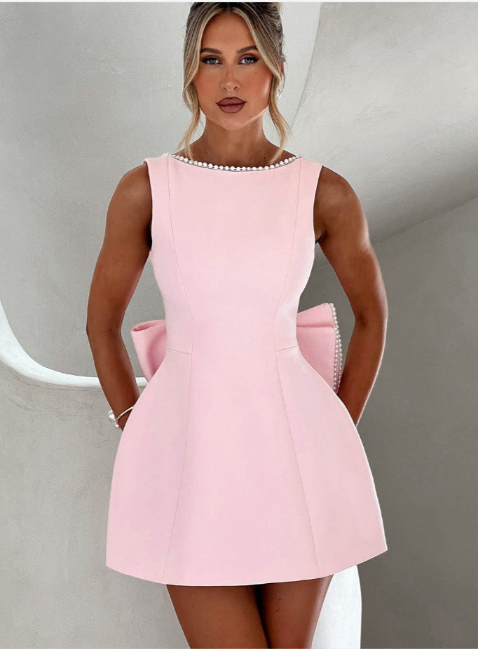 Pearl Kissed Party Dress – Backless A-Line Bow Dress