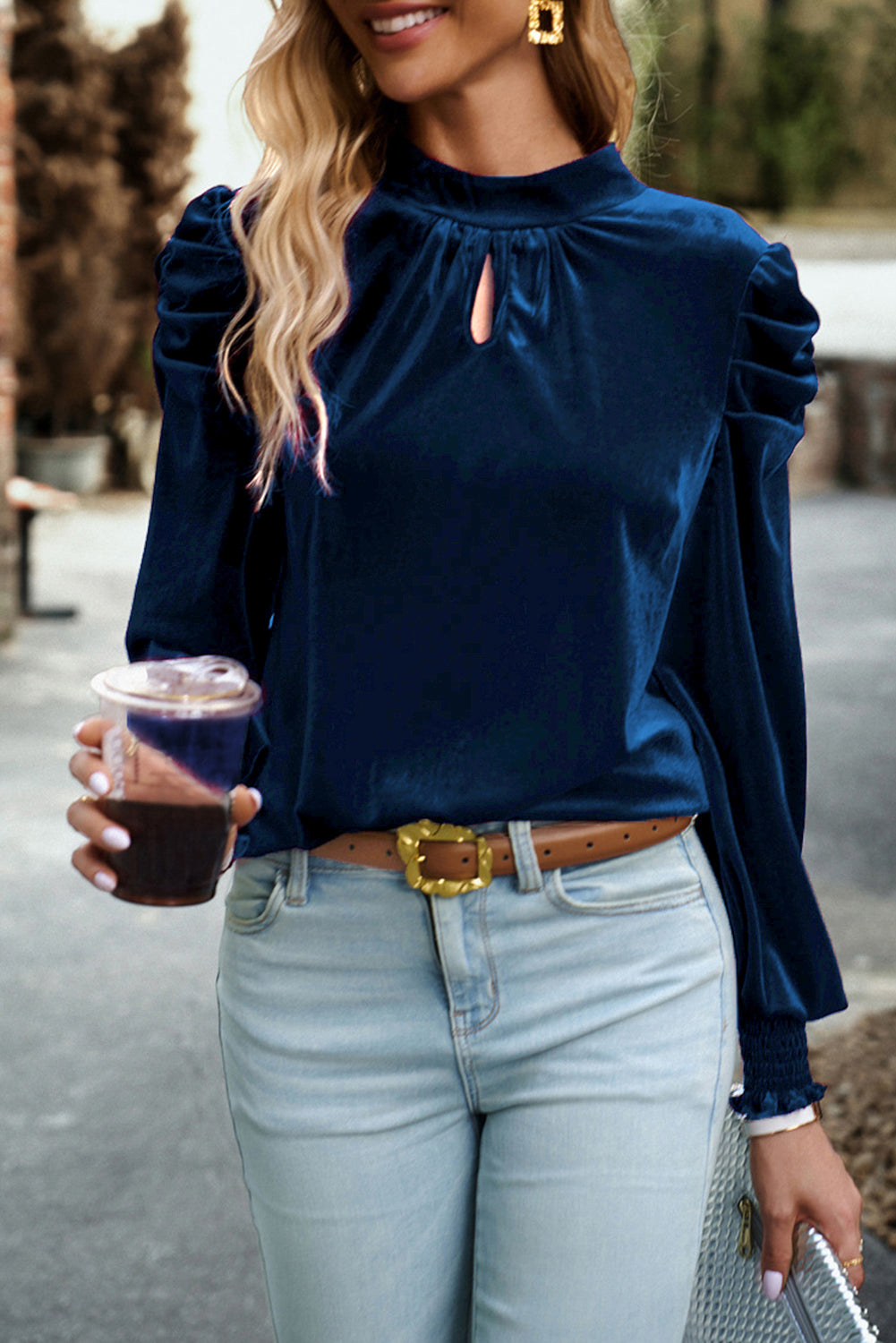 Velvet Moon Blouse – Navy Puff Sleeve Mock Neck Top