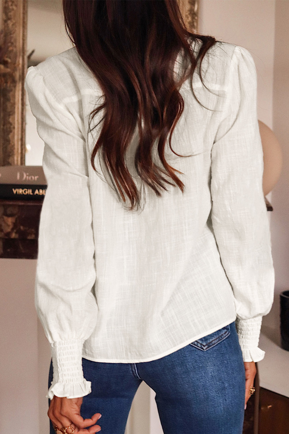 Garden Grace Blouse – White Floral Embroidered Shirred Sleeve Shirt