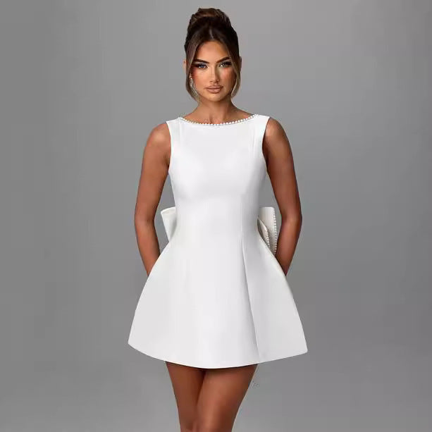 Pearl Kissed Party Dress – Backless A-Line Bow Dress