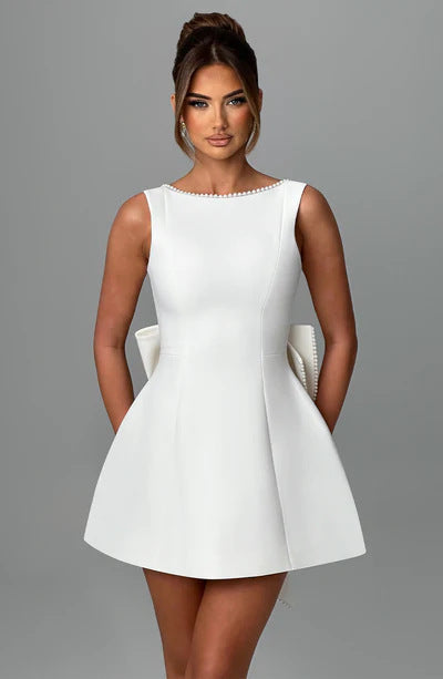 Pearl Kissed Party Dress – Backless A-Line Bow Dress