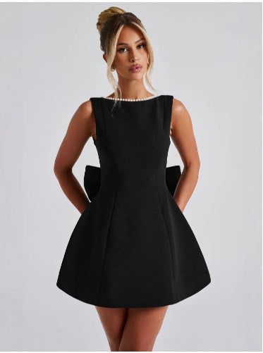 Pearl Kissed Party Dress – Backless A-Line Bow Dress