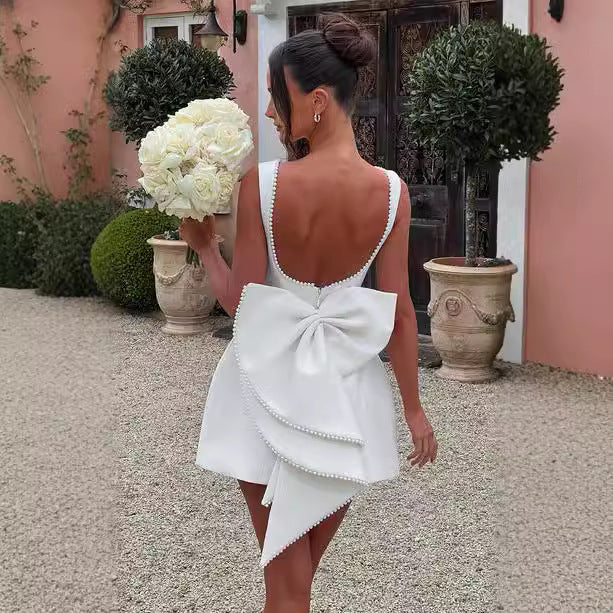 Pearl Kissed Party Dress – Backless A-Line Bow Dress