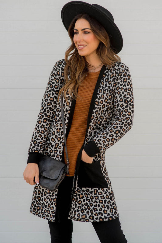Wild & Cozy Open Cardigan – Black Knit with Leopard Pocket Accents