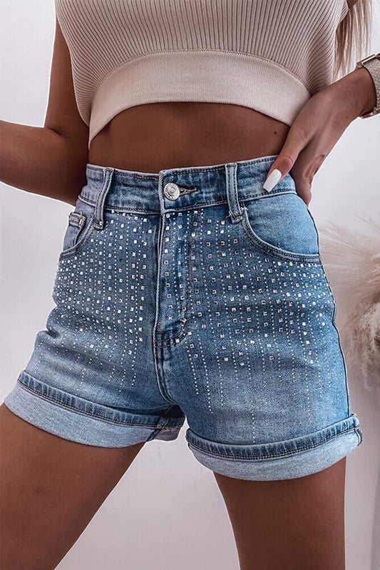 Ashleigh Rhinestone Denim Shorts – Blue Sparkle