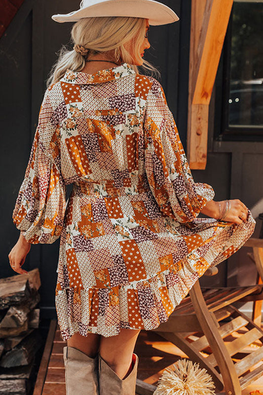 Desert Bloom Daydream Dress-Orange Boho Floral Puff Sleeve Smocked Waist Mini Shirt Dress