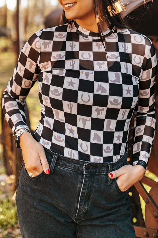 Check Yes, Cowgirl – Western Mesh Print Top