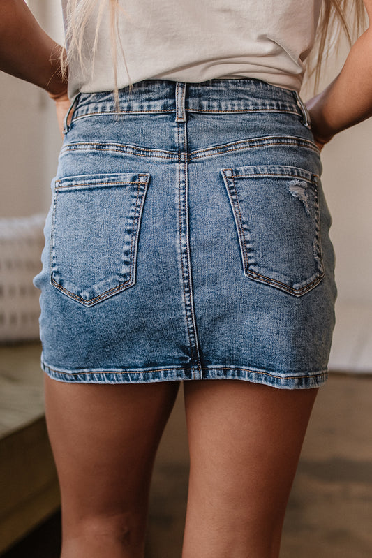 Stardust Rodeo Mini Skirt- Rhinestone Distressed Denim Mini Skirt