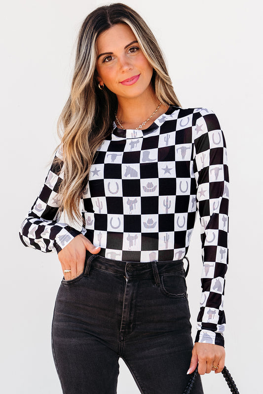 Check Yes, Cowgirl – Western Mesh Print Top