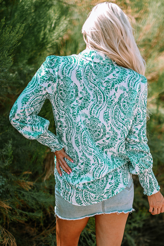 Sage Paisley - Smocked Cuff Button-Up Shirt