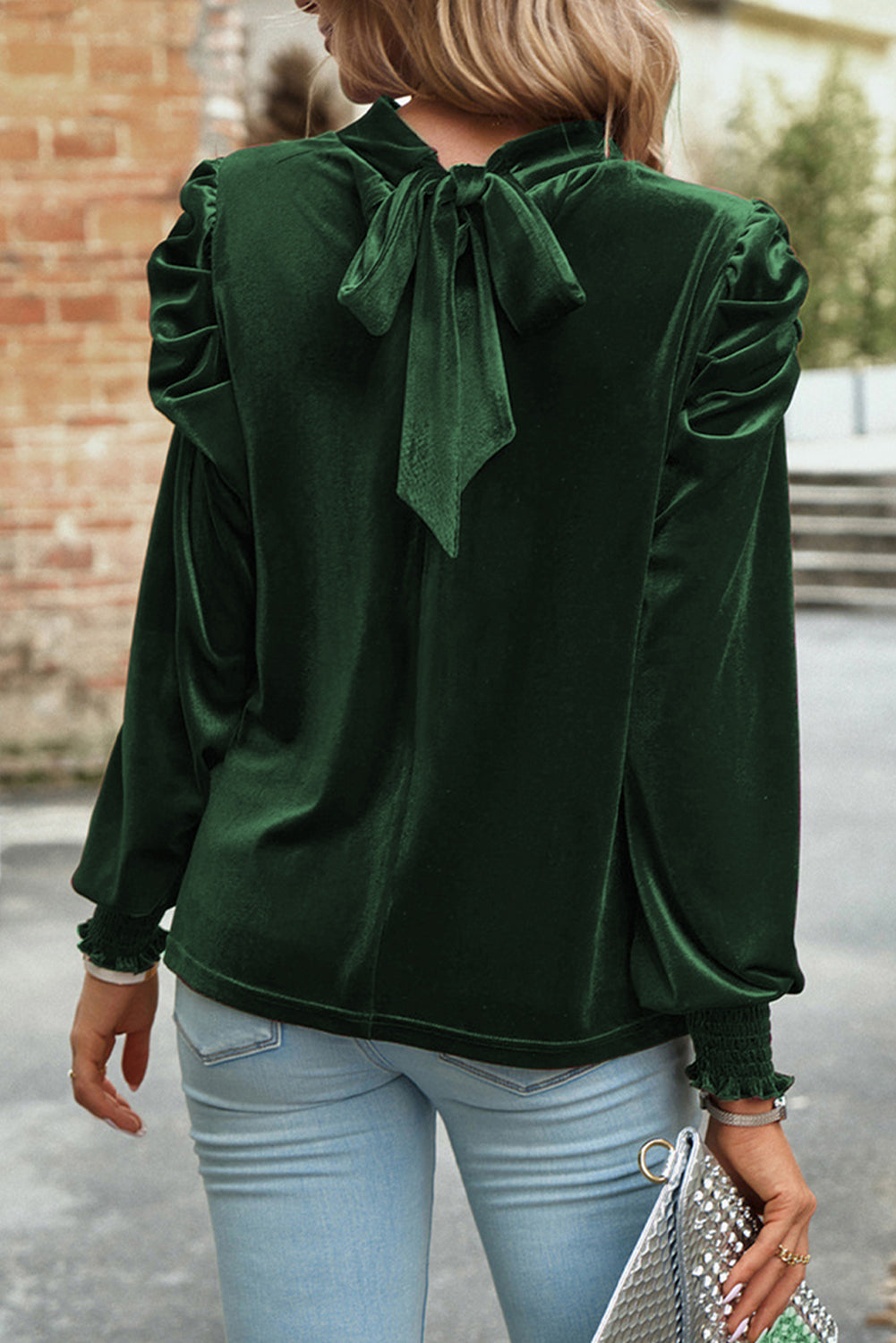 Velvet Moon Blouse – Navy Puff Sleeve Mock Neck Top