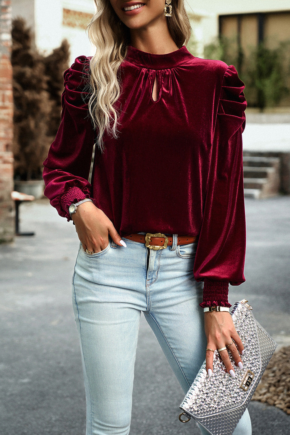 Velvet Moon Blouse – Navy Puff Sleeve Mock Neck Top