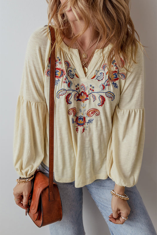 Desert Bloom Blouse – Apricot Paisley Embroidered V-Neck Top