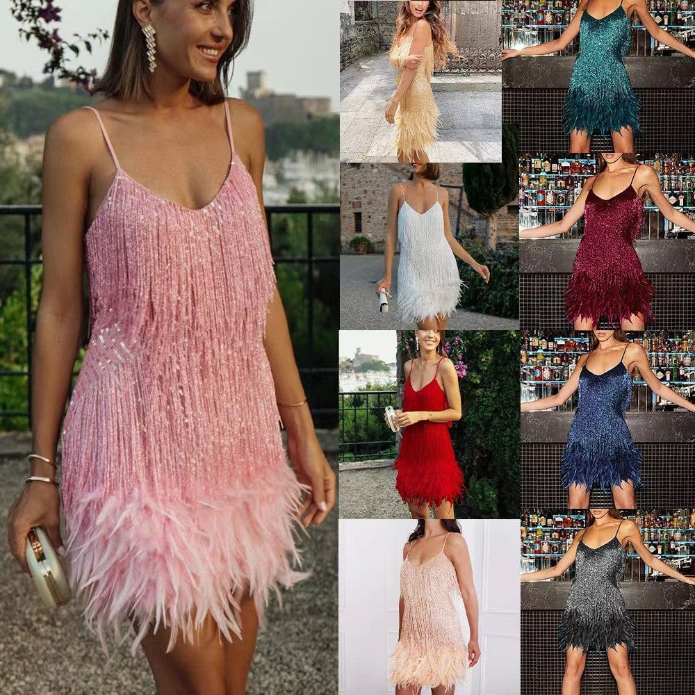 Starlit Dreams Feather Sequin Mini Dress