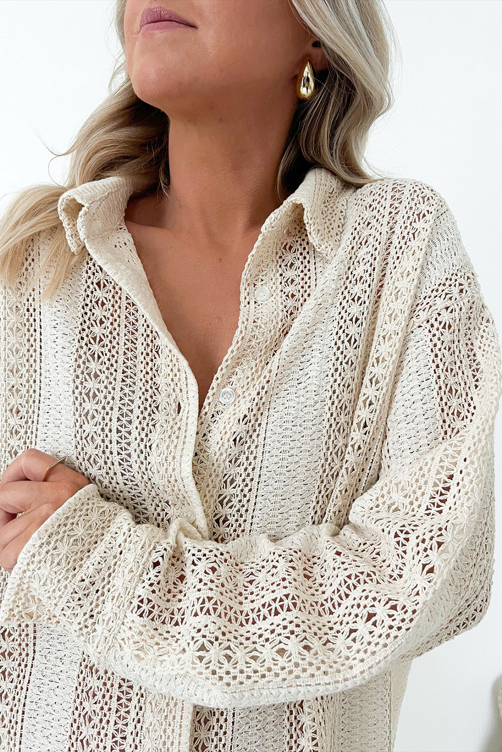 Salt & Lace Coastal Tunic – Beige Crochet Oversized Shirt