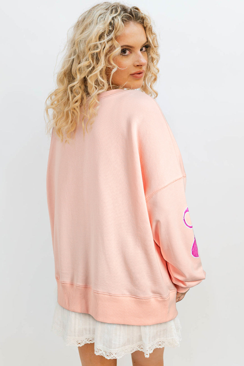 Glitz & Grace Sweatshirt – Apricot Pink Sequin Bow Oversized Pullover