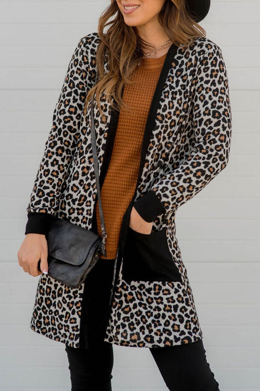 Wild & Cozy Open Cardigan – Black Knit with Leopard Pocket Accents