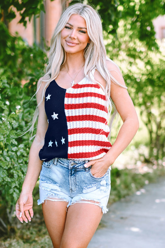 Star-Spangled Knit Tank – Red Flag Pattern Sleeveless Top