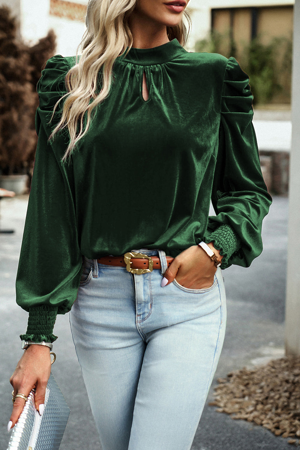 Velvet Moon Blouse – Navy Puff Sleeve Mock Neck Top