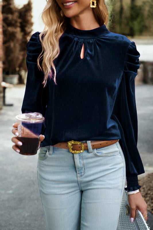 Velvet Moon Blouse – Navy Puff Sleeve Mock Neck Top