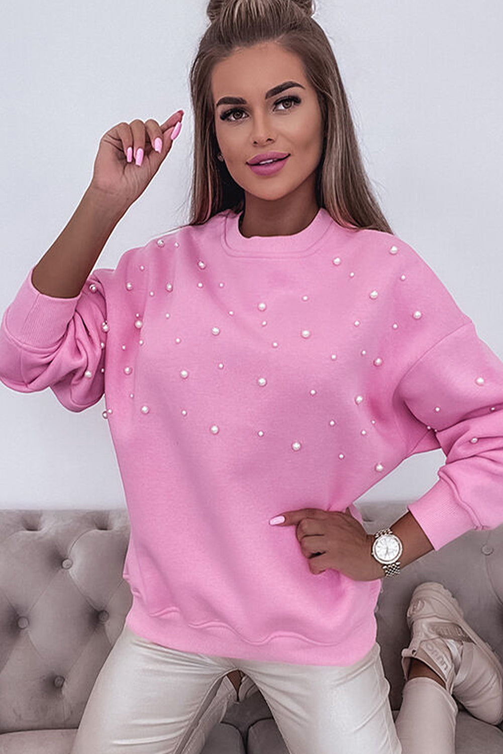 Bonbon Pearl Sweatshirt – Ribbed Crewneck with Pearl Detailing