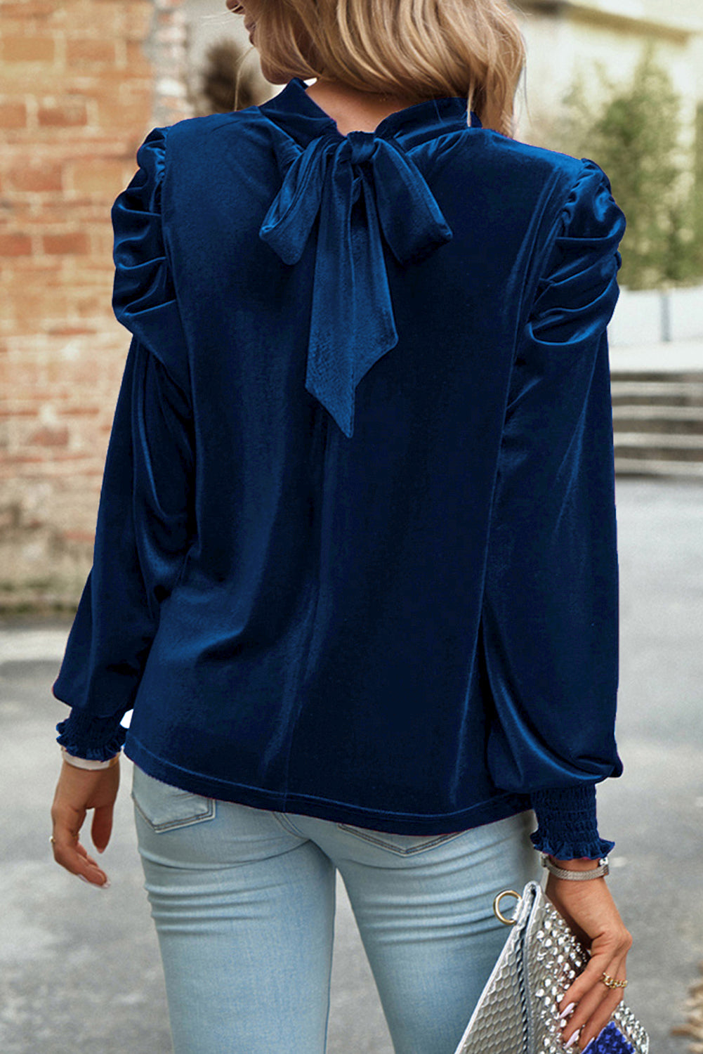 Velvet Moon Blouse – Navy Puff Sleeve Mock Neck Top