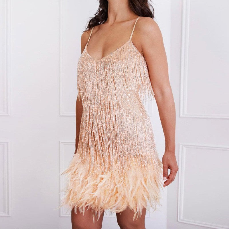 Starlit Dreams Feather Sequin Mini Dress