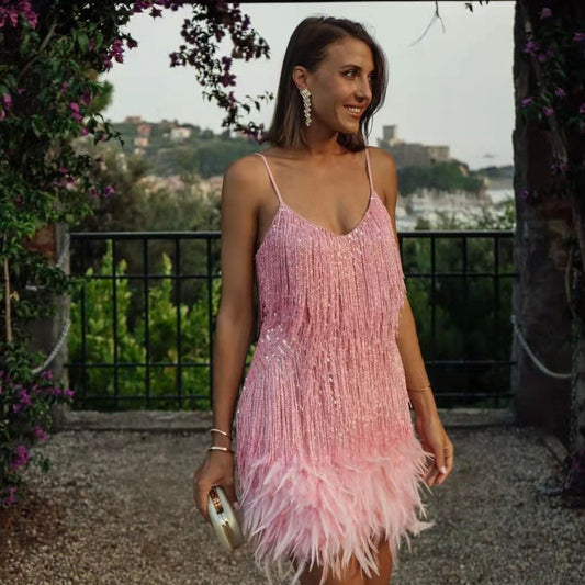 Starlit Dreams Feather Sequin Mini Dress