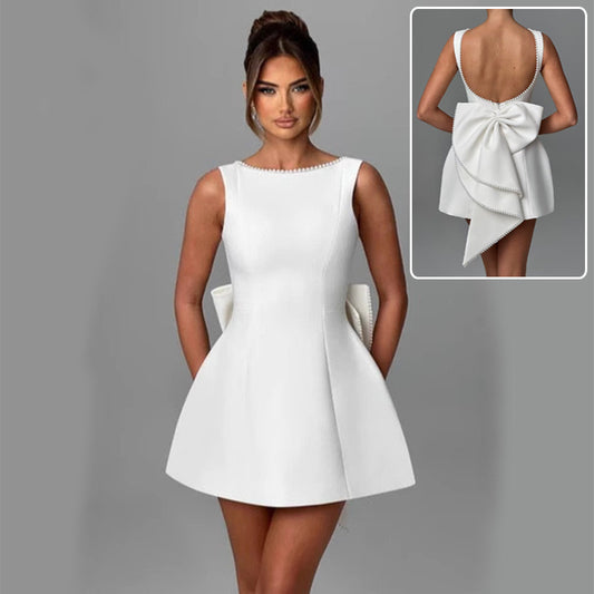 Pearl Kissed Party Dress – Backless A-Line Bow Dress